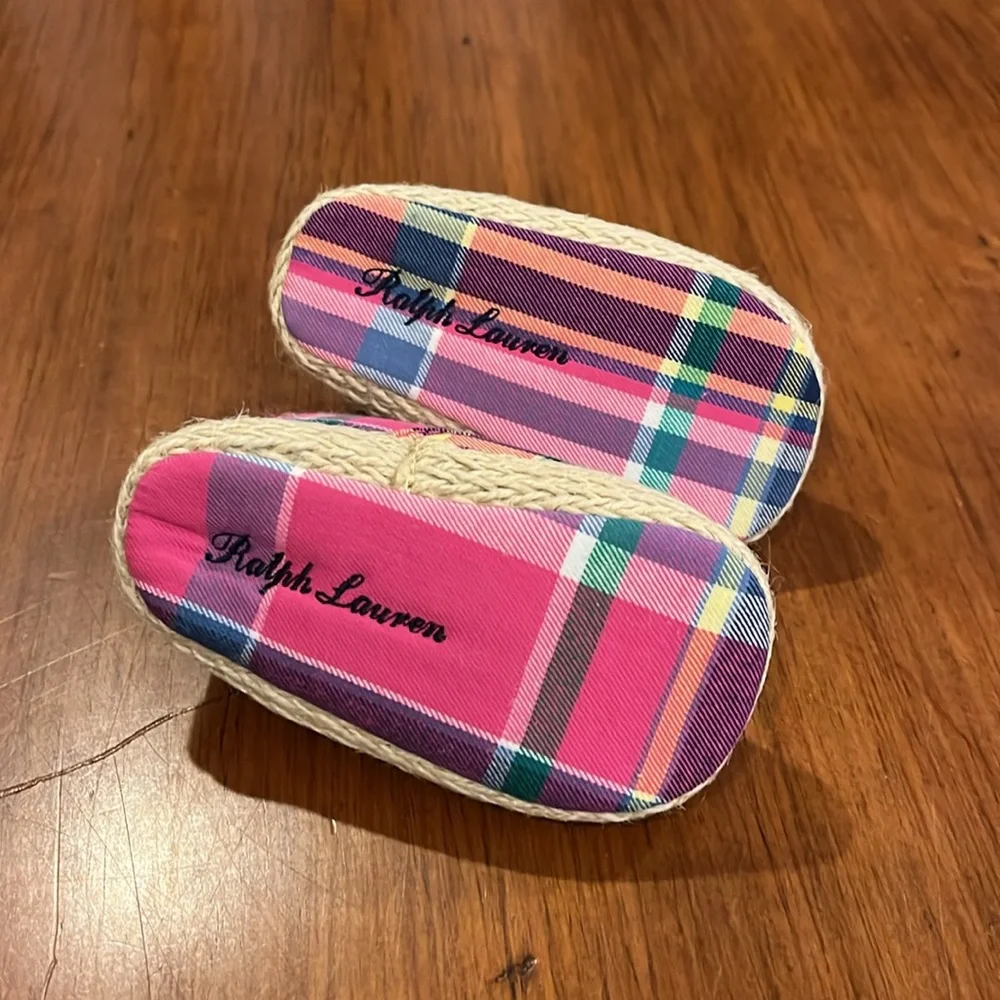 Polo Ralph Lauren Pink Plaid Bowman Lace Crib Shoes Sneakers Girls Baby Size 2